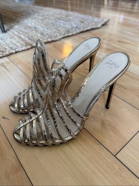 Metallic Gold Strappy High-Heel Mules